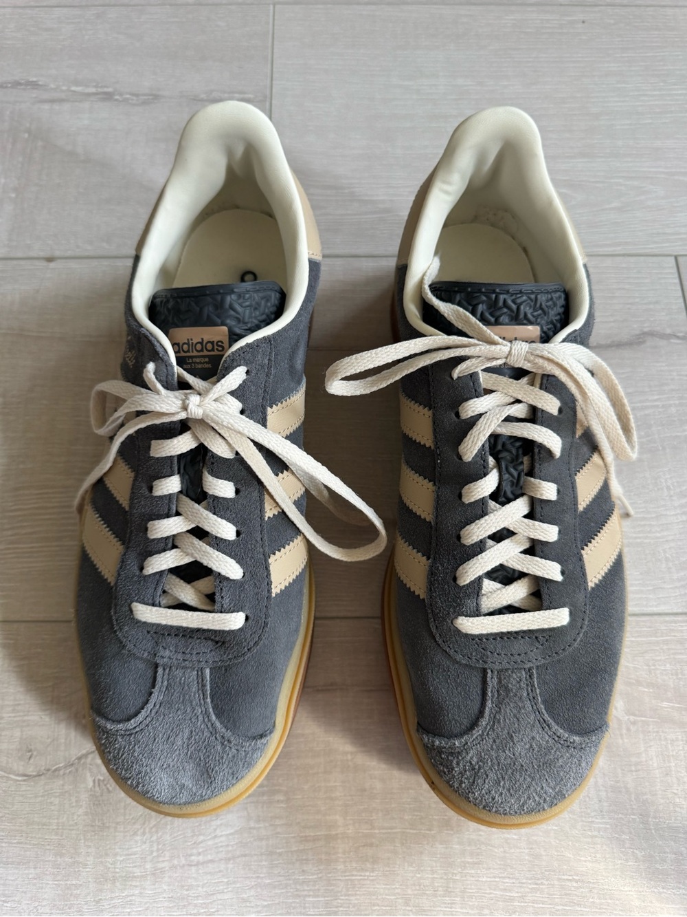 adidas Women’s Gray Suede Sneakers with Cream Stripes and Gum Sole